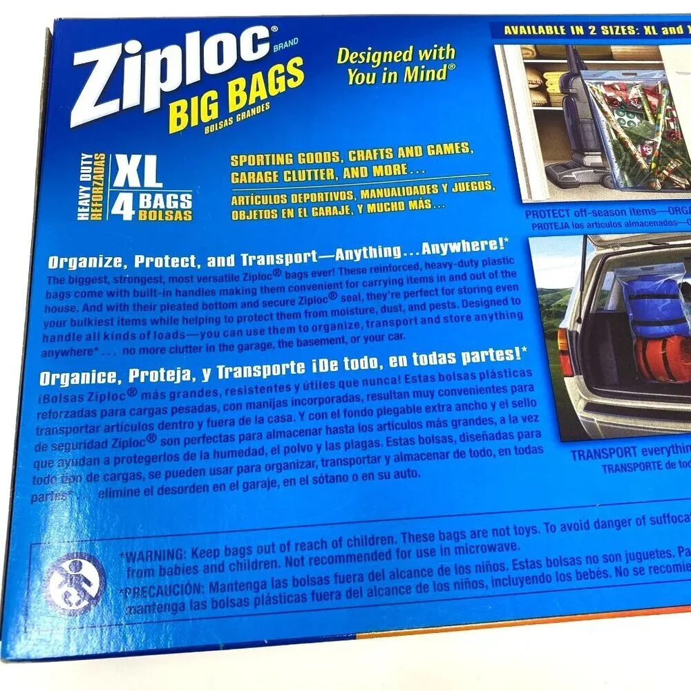 Ziploc Heavy Duty Big Bags XL 10 Gallons Zip 2 Count Storage Snowflake As Is